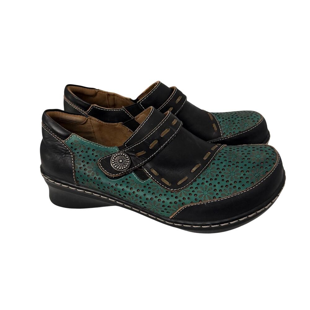 L’Artiste Rokas Clogs Womens Size 9 Green Black Leather Adjustable Comfort 40
